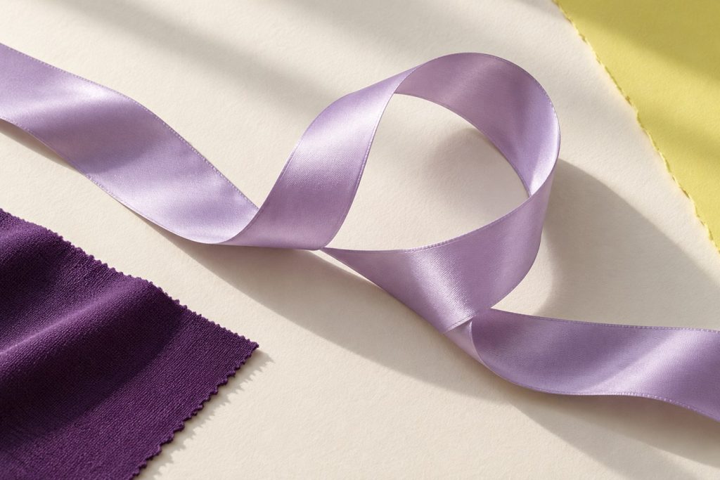 Composición editorial con cinta de gimnasia lila y tejido violeta sobre papel claro