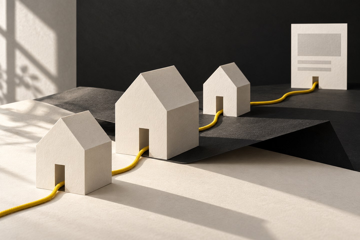 Maqueta editorial de casas de papel conectadas por un cordón amarillo