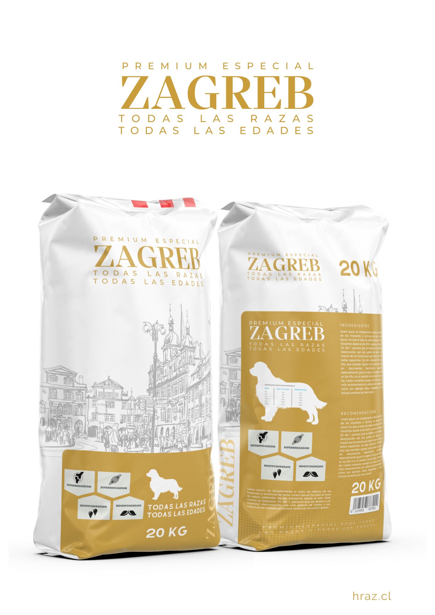 Diseño de packaging de alimento para mascotas Zagreb, marca propia de HRAZ, Chile
